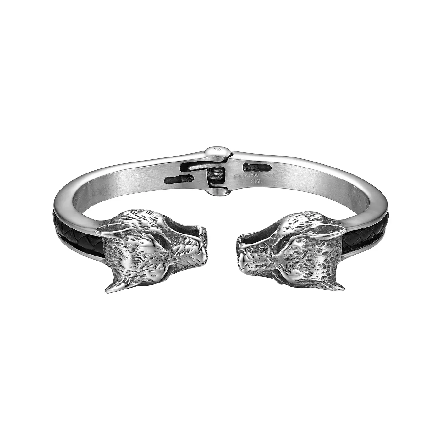 OIDEA Men's Double Wolf Head Stainless Steel and Leather Open Cuff Bracelet, Rugged Viking Wristband