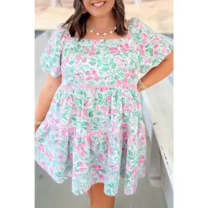 White Floral Print Ric-rac Trim Square Neck Plus Size Mini Dress