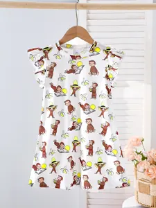 Girls' Curious George Vintage Full Print Sleeves Nightgown, Fruit Print Pajamas, Cartoon Print Pajama, Cute and Fun Design, Comfortable Sleepwear for Kids, Perfect Gift Idea, Cartoon Pattern Pajamas
