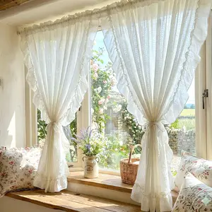French Romantic Princess Style Cotton Linen Curtain, Light Luxury Door Drape, Vintage Dreamy Ruffled Kitchen Bedroom Drapes