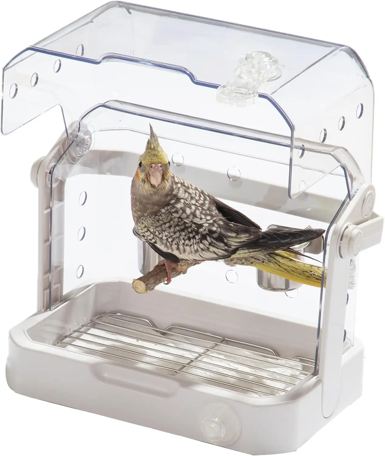 Portable Transparent Plastic-Steel Birdcage Birdcarrier - Compact & Travel-Friendly Size, Escape-Proof Safety Locks, Feeding Tray, Natural Wooden Perch, Carry Handle, All-Inclusive Supplies for Small-Medium Parrots, Family Visits Travel Cage