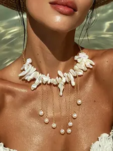 Boho Beach Vacation Style Necklace, Natural Shell Beads, Boho Choker with Imitation Pearl Fringe, Casual Chic Jewelry