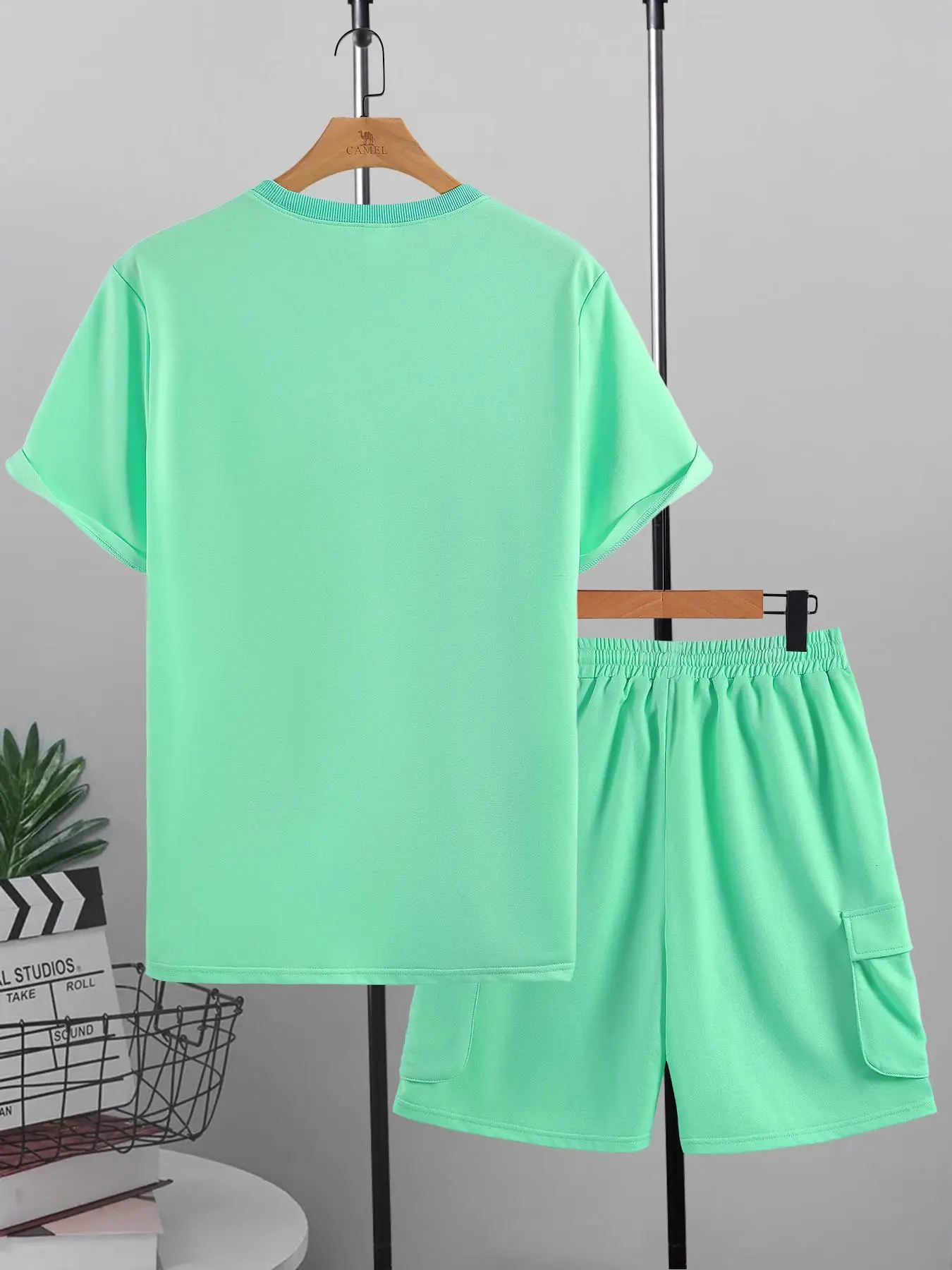 Men's Solid Knitted Drop Shoulder Tee & High Waist Drawstring Shorts Set Outfit, Casual Fashion Cozy Round Neck T-shirt & Pocket Cargo Shorts for Daily Workout Running