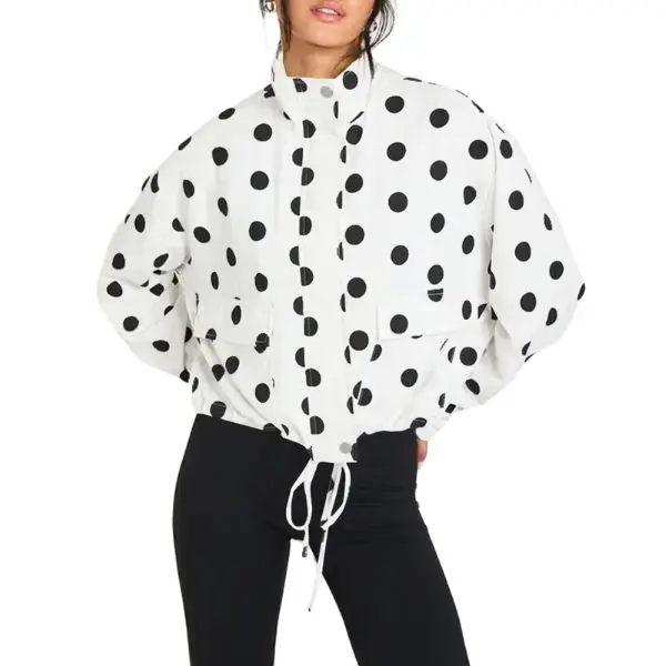 Fisoew Women's Polka Dot Cropped Jacket, Stand Collar Zip Up Drawstring Hem Oversized Batwing Sleeve Cargo Pocket Windbreaker Coat Button