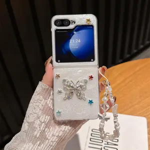 Exquisite White Crystal Butterfly Epoxy Phone Case Cover + White Bracelet Set, Minimalist & Luxury Style, Full Shockproof Protective Case, Stylish & Elegant. For Samsung Z Flip 4/5/6/7