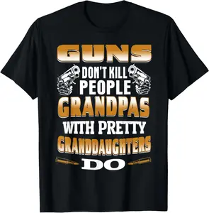 Protective Grandfather & Funny Grandpa Guns Don't Kill People Grandpas With Pretty Daughters Do Unisex-Adults Black Small Modern Humorous V-Neck Short Sleeve T-Shirt