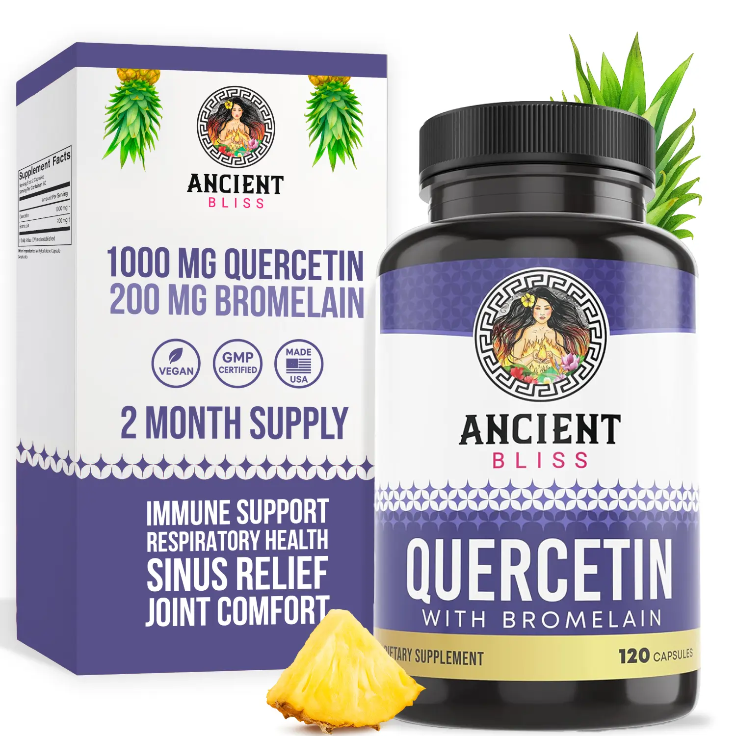 Ancient Bliss Quercetin with Bromelain Supplements - 1000mg Quercetin, 200mg Bromelain, 100mg Key Component per Serving, 120 Capsules - Gluten-Free Immune Booster, Antioxidant, Promotes Sinus & Respiratory Health, Supports Cardiovascular Wellness, Immune