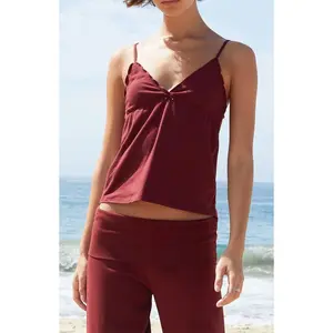 John Galt Women's Burgundy Tiffany Bow Lettuce Edge Tank Top