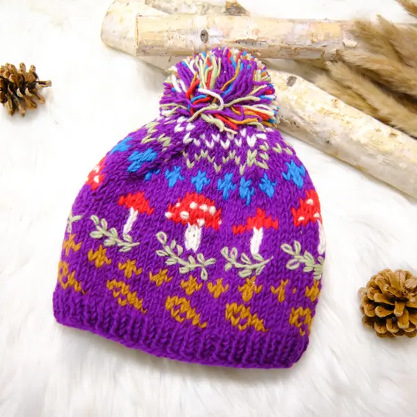 Hand Knitted Woolen Hat with Mushroom, Embroidered Slouchy Hat, Fleece Lined Warm Beanie, Hat with PomPom, Himalaya Warm Beanie, Gift For Her