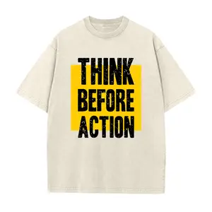 Men's Women's Oversized Vintage T-Shirt Motivational "Think Before Action" Print 2026 Spring Summer Casual Tops Statement Outfits