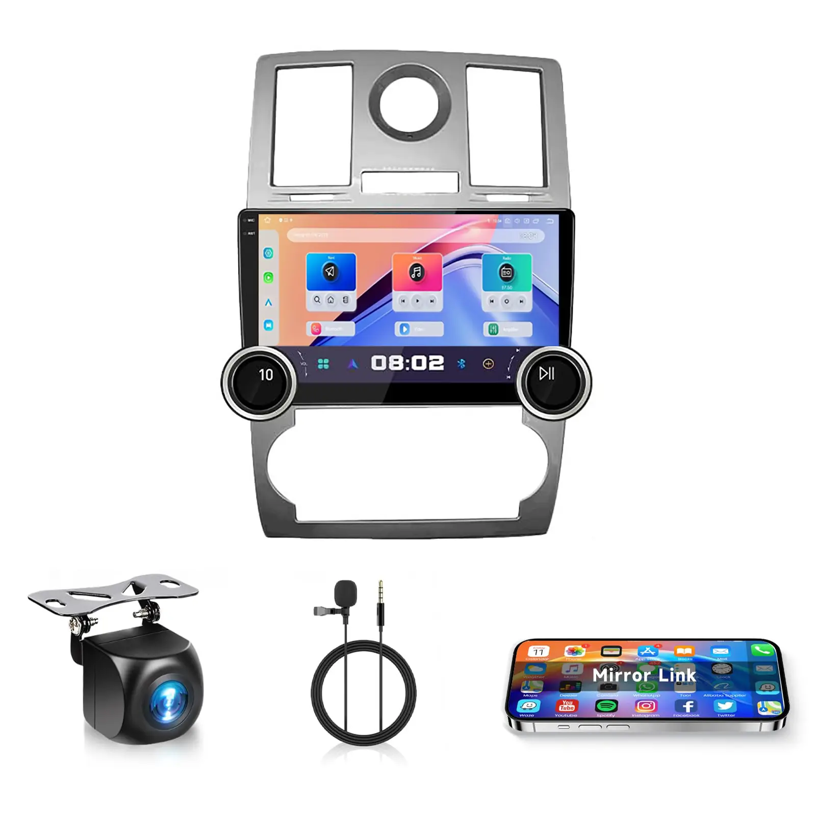 10-Inch Dual-Knob Android Car Radio for Chrysler 300/300C 2004-2011, HD IPS Touch Screen Head Unit with Wireless CarPlay, Android Auto, Bluetooth, WiFi, GPS Navigation, FM Radio, Backup Camera, Input for Daily Use
