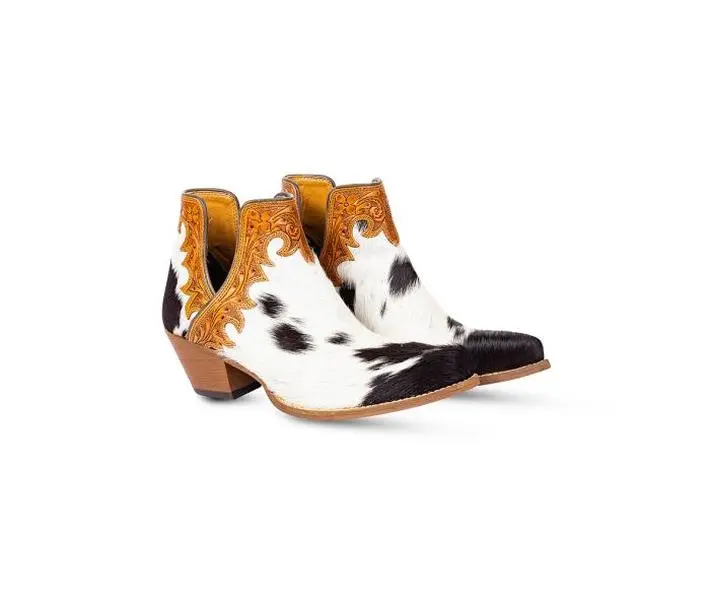Myra Cassidy Black & White Cowhide Tooled Flare Booties
