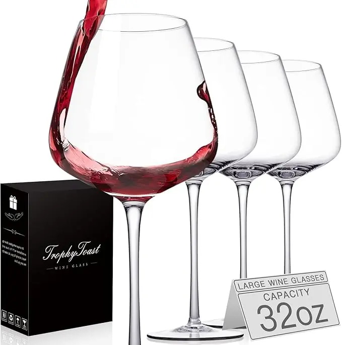 Extra Large 32oz Wine Glasses Set of 4 - Hand Blown Red Wine Glasses With Long  Stem -