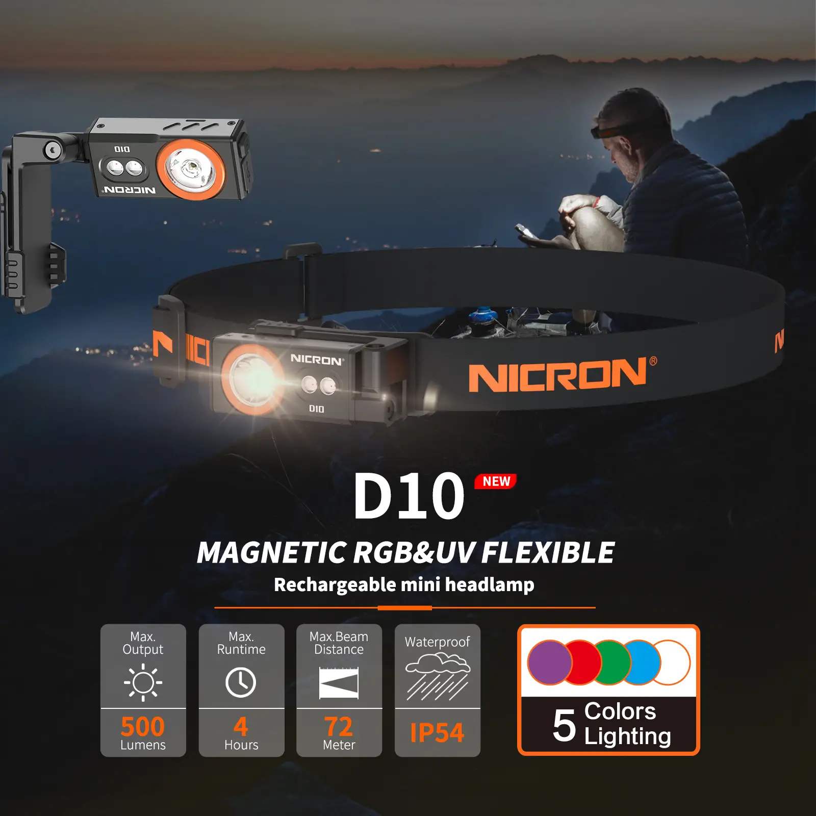 NICRON D10 Rechargeable LED Headlamp - 500 Lumens, RGB 5 Color Modes, IP54 Waterproof, 360° Rotatable, with Clip & Magnetic Base - Perfect for Hunting