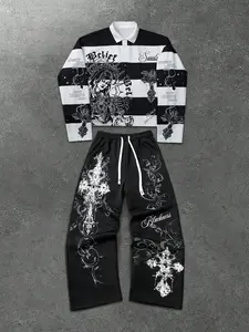 Men's Opium Style Gothic Cross Graphic Two-Piece Set - Casual Oversized Black & White Striped Long Sleeve Polo Shirt & Wide Leg Sweatpants - Cyber Grunge Streetwear Matching Outfit Menswear