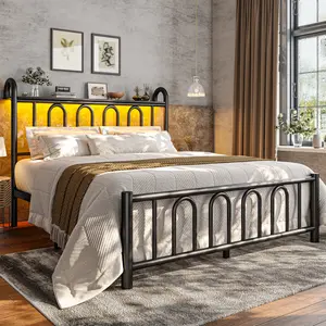 Homkdom Queen Metal Platform Bed Frame with Headboard, [NO MATTRESS]-Bed Frame With Victorian Headboard and Footboard & LED Light, Sturdy Bed Frame Holds up to 880LBS with Under Bed Storage