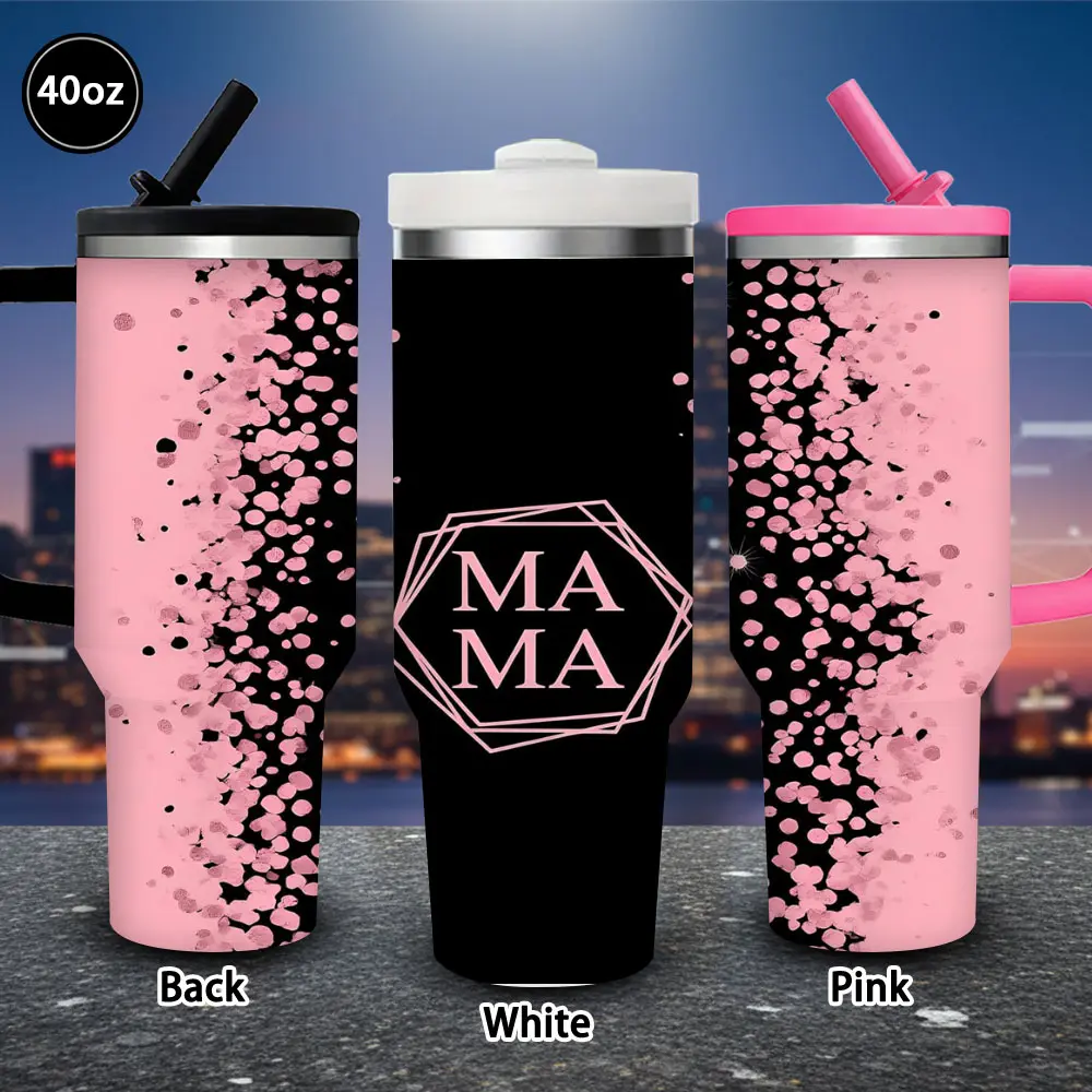 40 oz Pink Splatter Hexagon MA MA Vacuum Flask Tumbler with Lid and Straw, Winter Insulated Travel Mug, Gift for Women, Ideal for Valentine’s Day, Iced/Hot Coffee Cup (1 Pc), Flasks