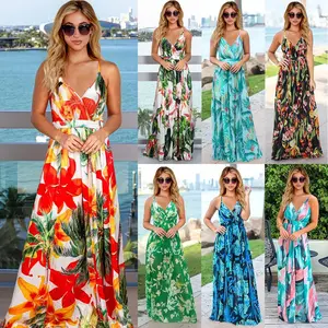 Spring and summer new large size dress bohemian floral suspender dress