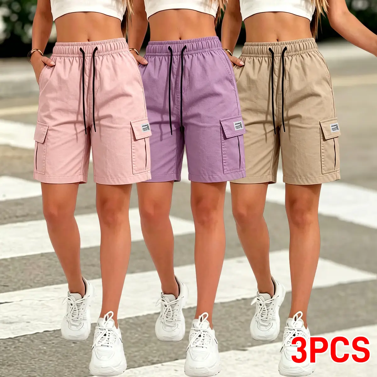 Women's 3-Pack Athletic Cargo Shorts - Polyester Fabric, Mid Waist, Elastic Drawcord Waistband, Pockets, Casual Street & Running Wear, Breathable Summer Activewear