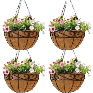 12 inch Metal  Baskets For  Outdoor 4 Pack Round Metal Wire  Basket Planter with Coco Fiber Liners Chain Round Wire  Holder for Garden, Patio, Deck, Porch  Flower Potss