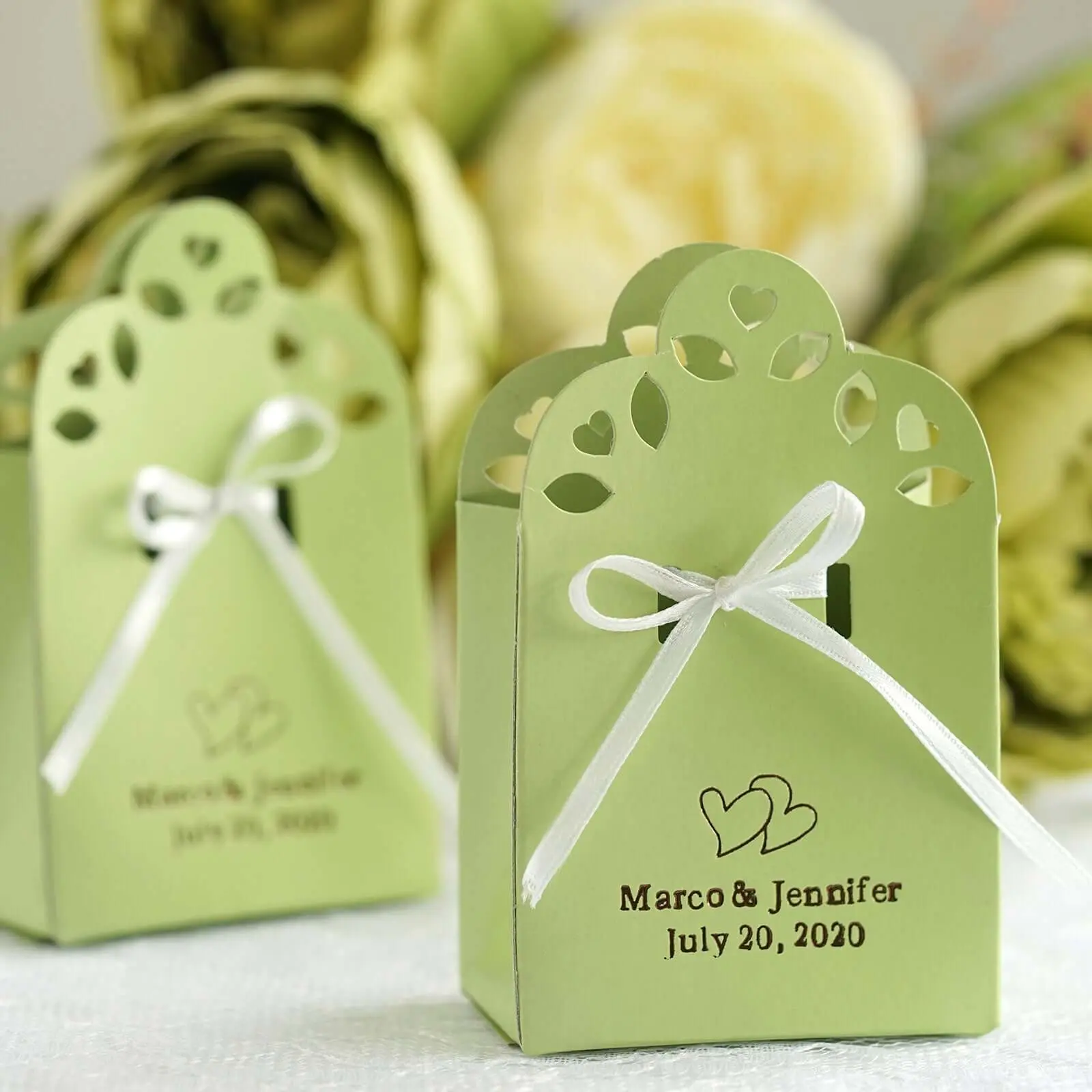 100-Pack Personalized Flat Pack Sacchetto Party Gift Boxes, Chic Candy Favor Containers with Ribbons, 2 3/4" x 1 3/8" x 3 1/8" with Embossed Cuts & Hot Foiling, Candy Favor Storage for Weddings (Office Stationery & Wrapping Supplies), Custom Printed