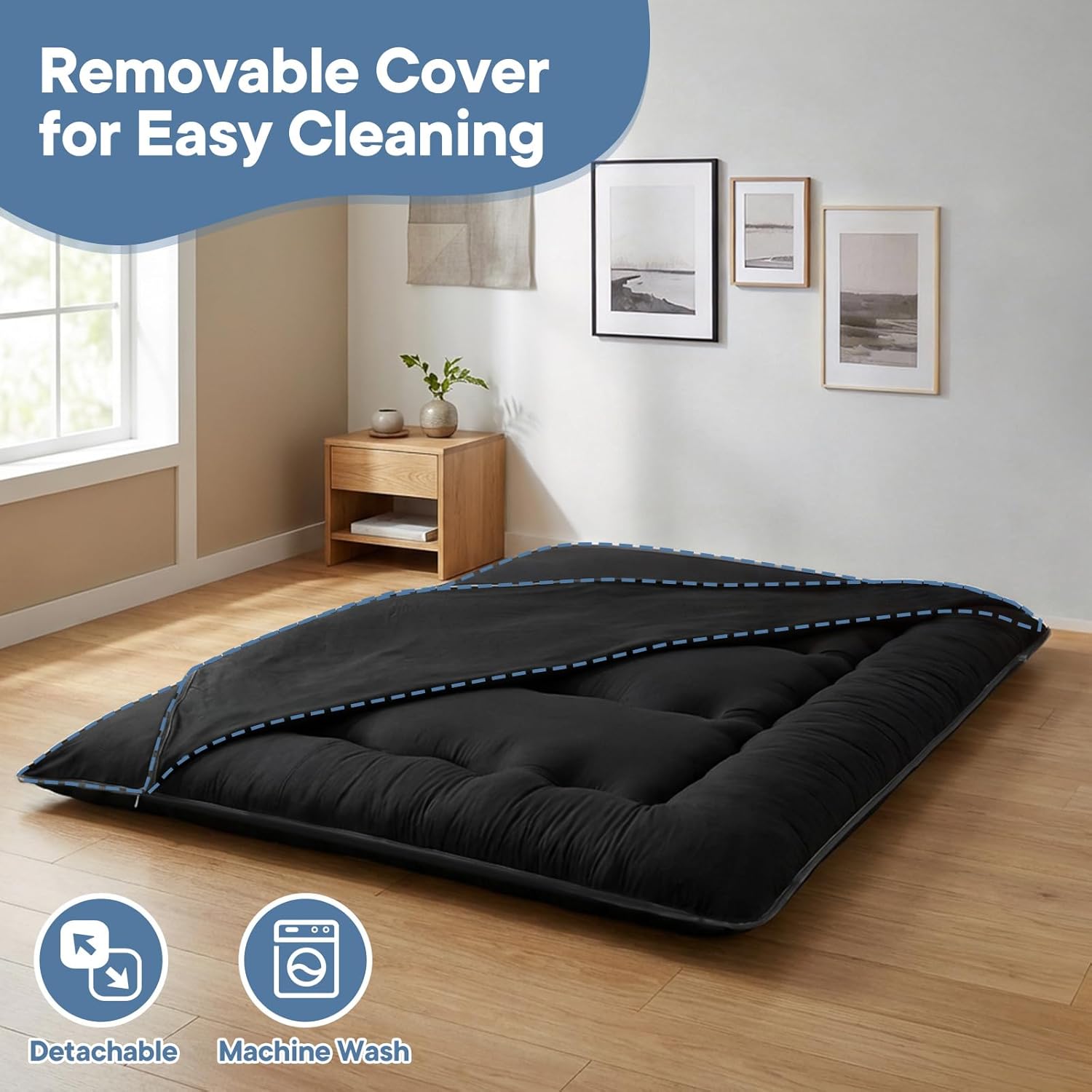 3 Inch Twin Futon Floor Mattress, Foldable Japanese Tatami Bed with Washable Cover, Roll Up Portable Guest Bed (Twin/Full/Queen, Black/Grey) #FloorMattress 3 Inch Twin Futon Floor Mattress, Foldable Japanese Tatami Bed with Washable Cover, Roll Up Portable Guest Bed (Twin/Full/Queen, Black/Grey) #FloorMattress