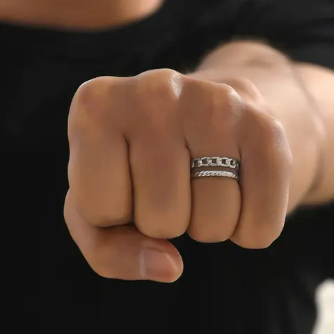 Double Layer Chain Decor Cuff Ring, Adjustable Fashion Stackable Finger Rings for Men & Women for Party, Daily Clothing Decor, Trendy Stainless Steel Jewelry for Birthday Gift