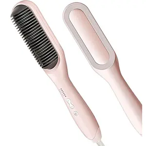 Hair Straightener Brush 5 Temp Settings 20s Fast Heating Dual Voltage Anti-Scald Tip Ceramic Ion-Coated Frizz-Reducing Auto-Shut Off Safe Pink - Adjustable