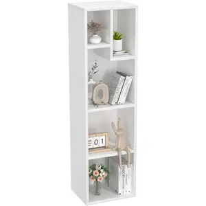 Small white bookshelf, 5 compartment slim bookcase, holds tallest hardcover books, can be placed horizontally, modern floor standing unit, holds 66 lbs per shelf, pearl white