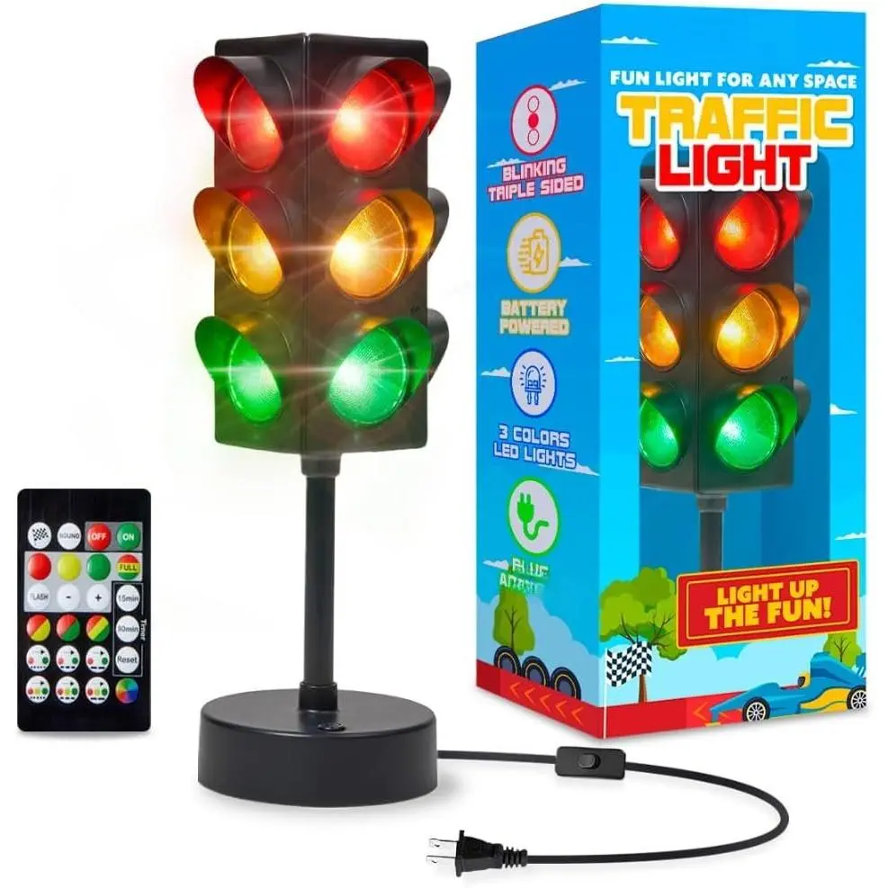 11in Mini Traffic Light LED Lamp - USB-C Powered, Synthetic Base, Playful Blinking/Stop Light Modes, Remote Control, Indoor Room Decor for Boys’ Bedrooms, Birthday Novelty Lighting