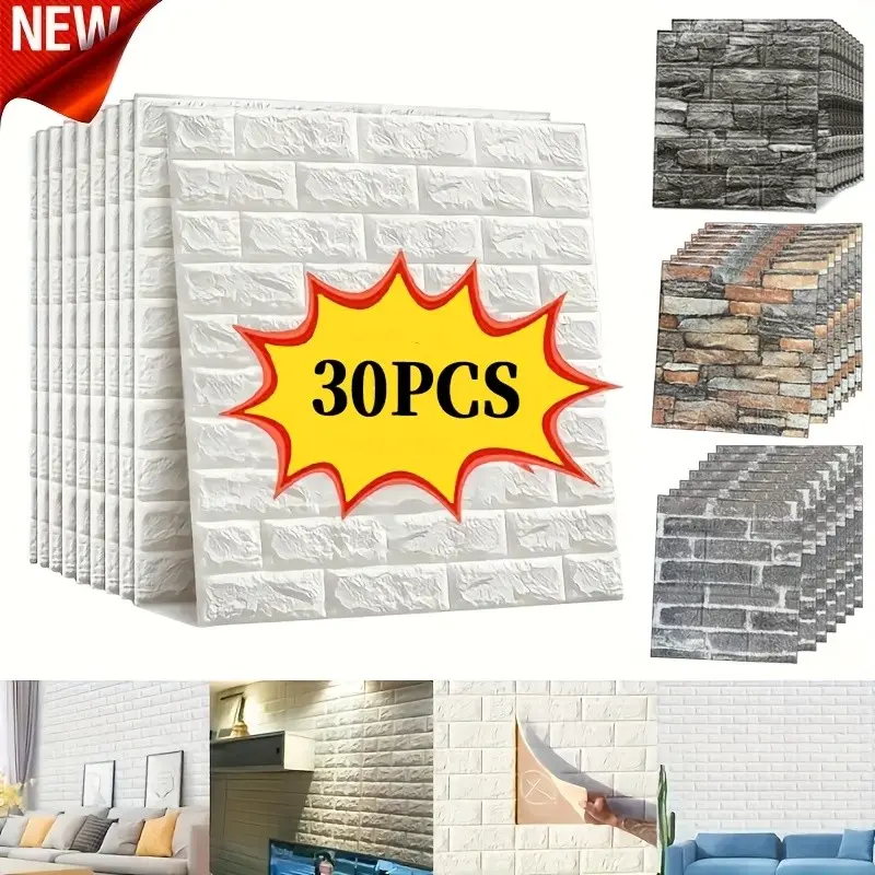 30pcs Solid Color Brick Pattern Wallpaper Stickers, Self-Adhesive Foam Wall Panels, Easy Clean and Cut, Ideal for Living Room, Kitchen, Bedroom, Office Decor, Brick Wallpaper Peel and Stick