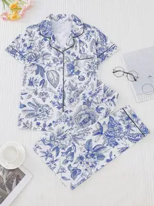 Women's Floral Printed Sleepwear Set, Comfortable Button Front Cardigan Short Sleeve Top, Elastic Waist Pants, Casual Home Wear, Soft Lounge Sets