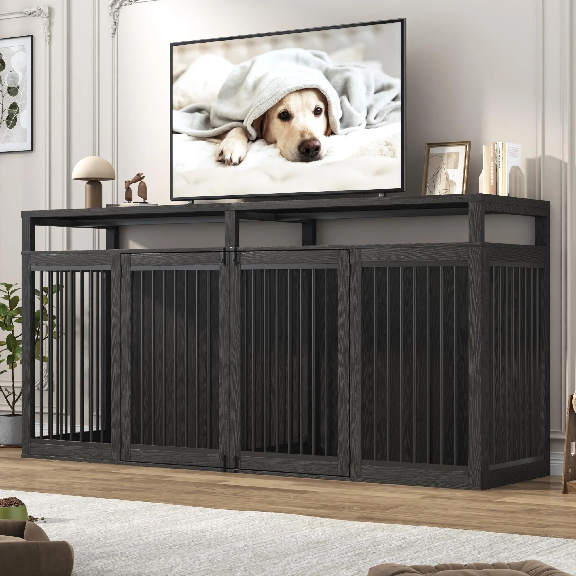 87In Farmhouse Dog Crate TV Stand, Wooden Dog Kennel Furniture with 2 Doors, Large Dog Crate Furniture for 2 Dogs, Solid Metal Tube & 4 Lockable Doors, Black/Grey/White/Rustic Brown