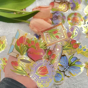 50pcs Foil Flower Tulip Stickers, Romantic Floral Waterproof Vinyl Decals for Journals & Scrapbooks, Perfect DIY Accessories