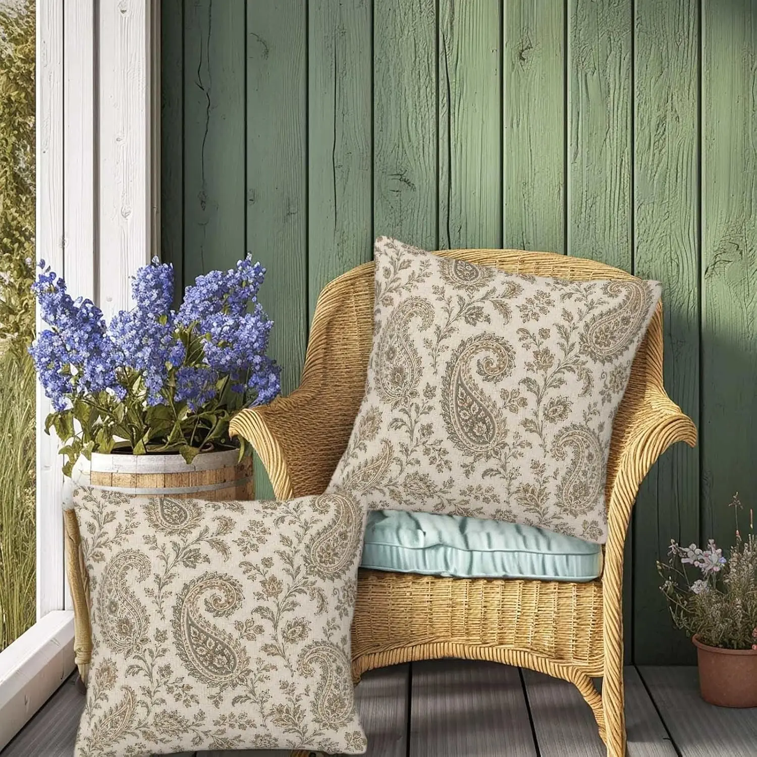 Vintage Neutral Paisley Floral Throw Pillow Covers 18x18 Inches Set of 2, Envelope Closure Cushion Covers No Zipper Farmhouse Home Decor