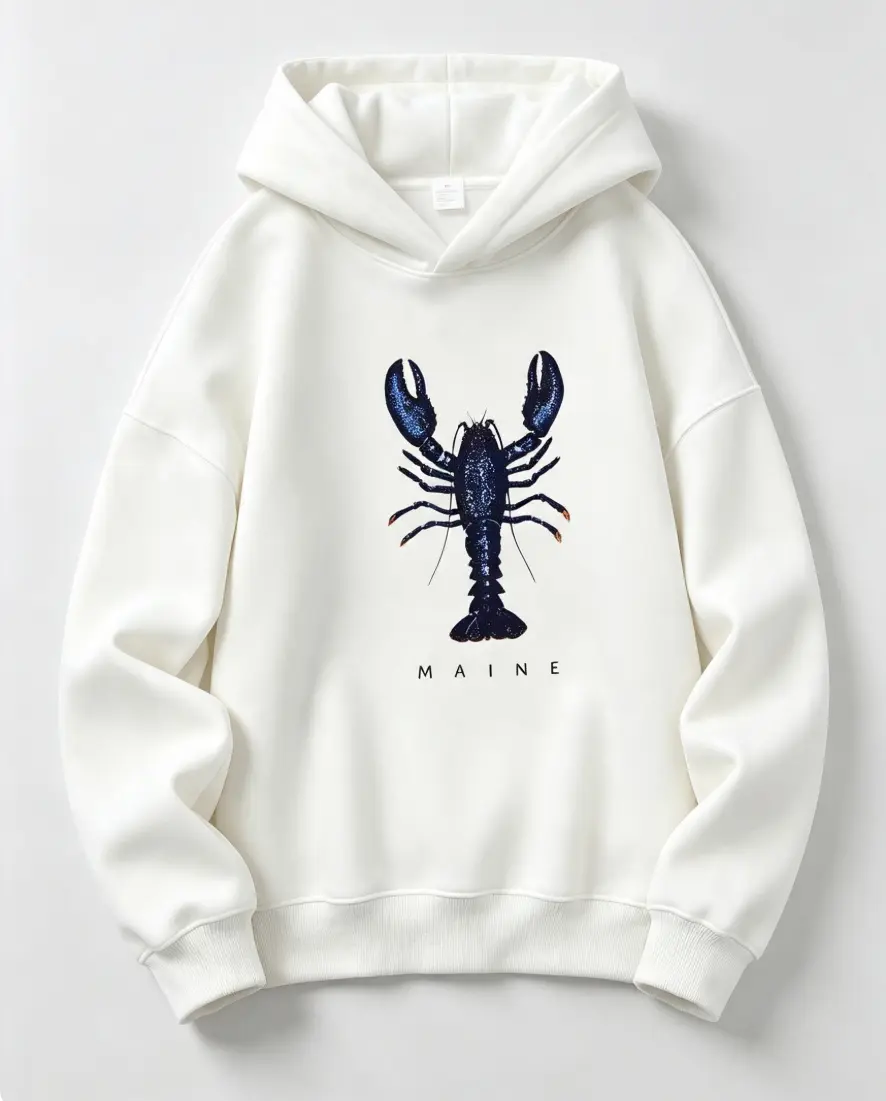 Maine Blue Lobster Front Print Pullover Hoodie, Vintage Coastal New England Ocean Casual Hooded Sweatshirt Classic Fleece, Pants, Outdoor
