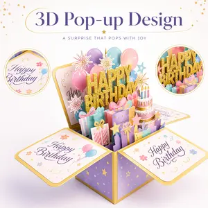 3D Pop Up Birthday Card, Happy Birthday Greeting Card with Gold Envelope & Blank Note Card, Unique Paper Birthday Gift for Mom Dad Wife Husband Women Men