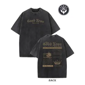Men'S 230G Heavyweight Pure Vintage Washed T-Shirt Featuring a Double-Sided 'Good News' Religious Pattern Print, Designed with a Loose Drop Shoulder for a Hip-Hop Street Style. This Casual Top Is Machine Washable, Suitable for Daily Wear