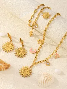 Boho Style Sun & Moon Design Jewelry Set, Sun & Moon Charm Decor Necklace &  Earrings & Bracelet, Fashion Accessories for Women & Men