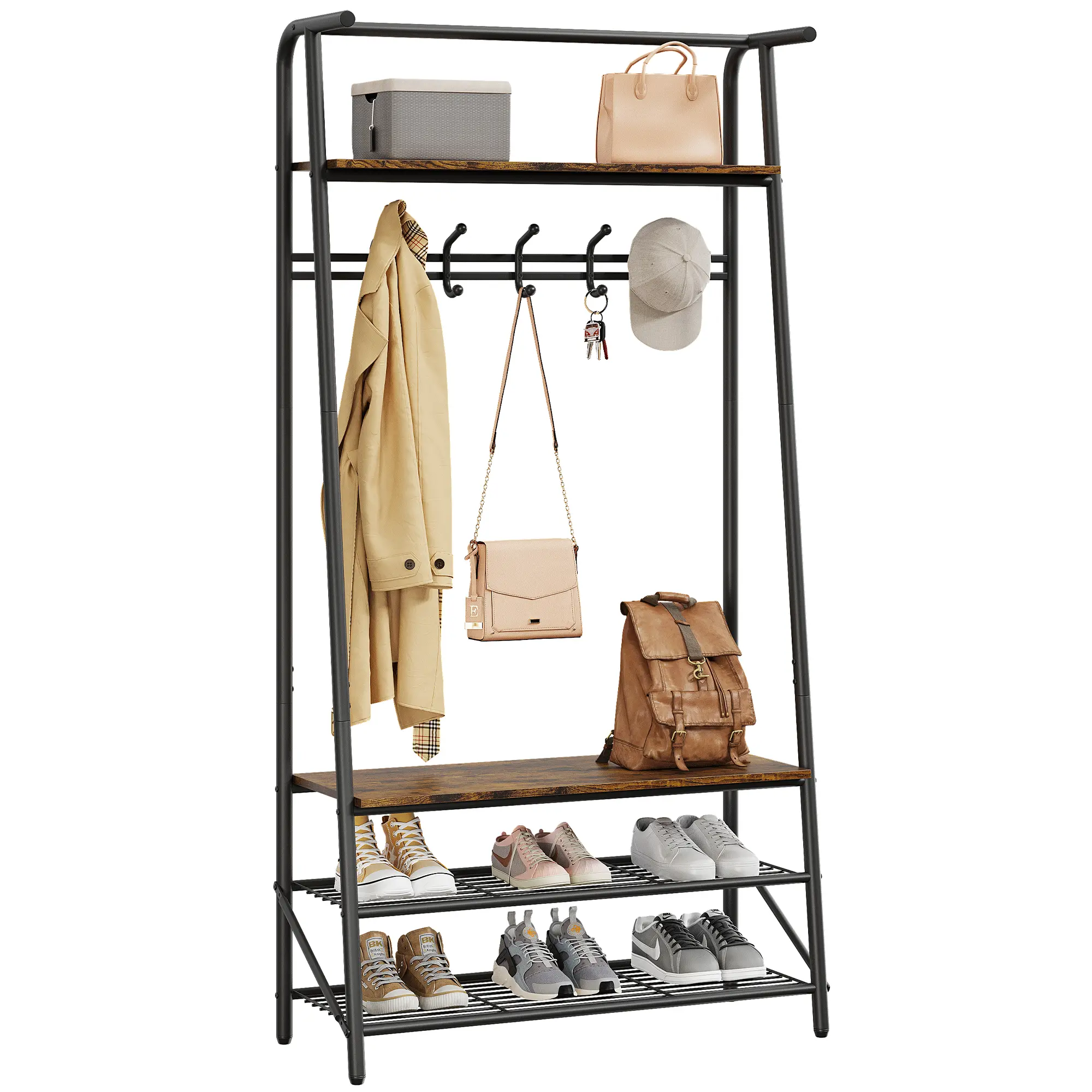 Multifunctional Entryway Hall Tree Coat Rack with Shoe Storage Bench - Sturdy Metal Frame - Wood Look Accent - 5/6 Hooks Organizer for Entryway, Bedroom, Living Room