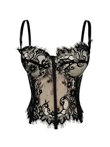 Women’s Lace Corset Top, Boned Bustier Cami, Slim Fit Sheer Going Out Top