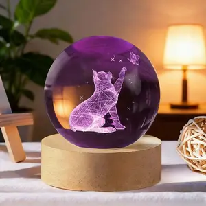3D Cat Crystal Ball Night light with Colorful LED Base Cute Cat Lover Gifts for Woman Crystal Glass Kitten Collectibles Kitty