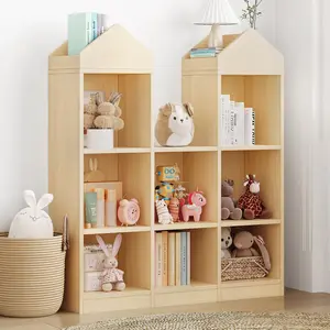 8-Cubby Kids Toy Storage Organizer, Natural Wooden Bookshelf with Roof Design for Playroom, Nursery & Classroom