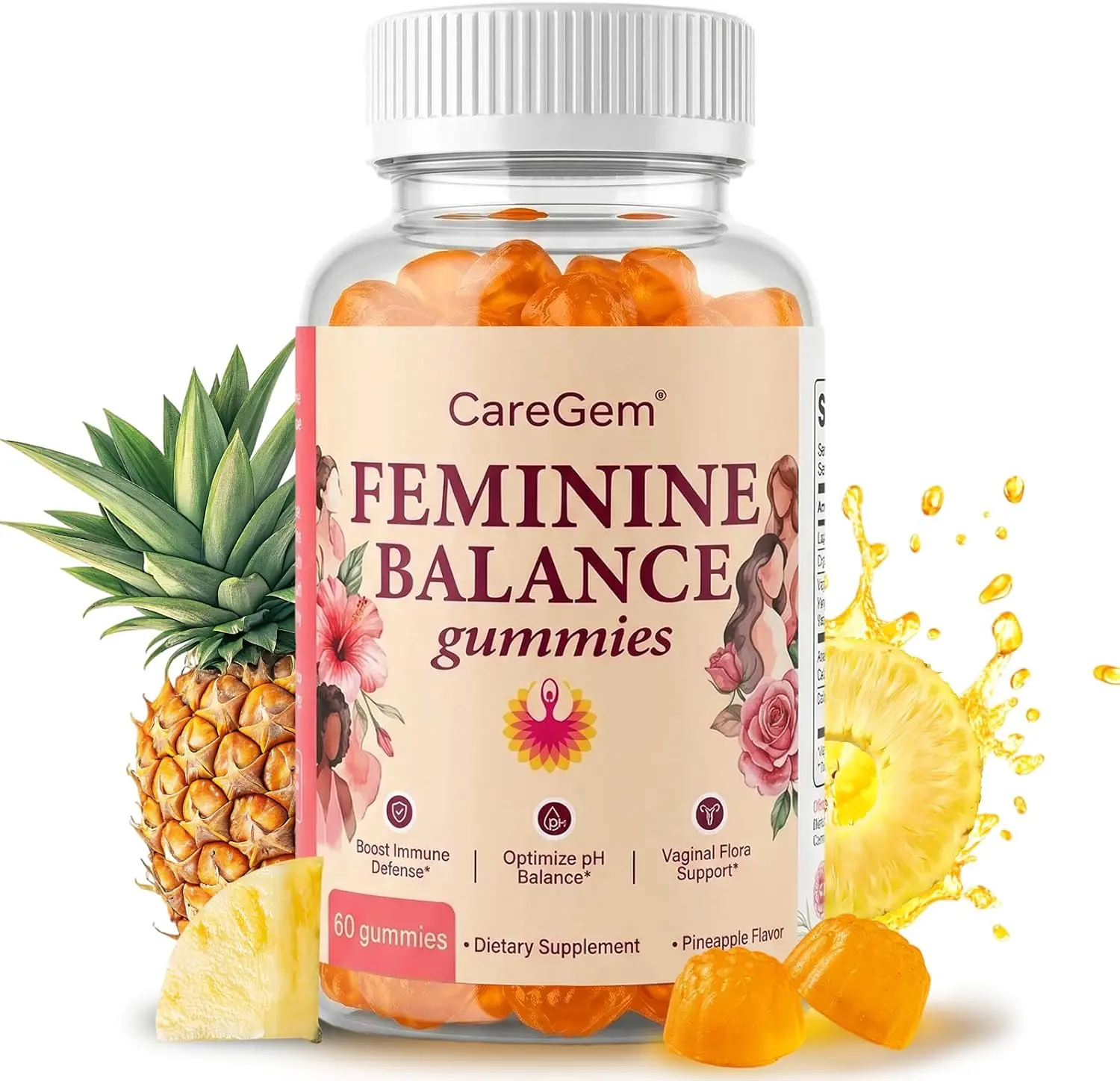 Feminine Balance Probiotic Gummies - Women's pH, Vaginal & Intimate Health Support - Pineapple Flavor with Bacillus Coagulans - Odor Control, Flora Regulation - 60 Count