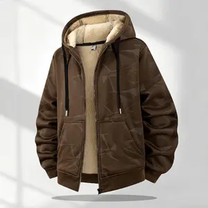 Men's Winter Warm Hooded Sherpa Lined Zip-Up Jacket with Geometric Print & Pockets in Polyester Material Size S-6XL for Cold Weather Coats Aesthetic