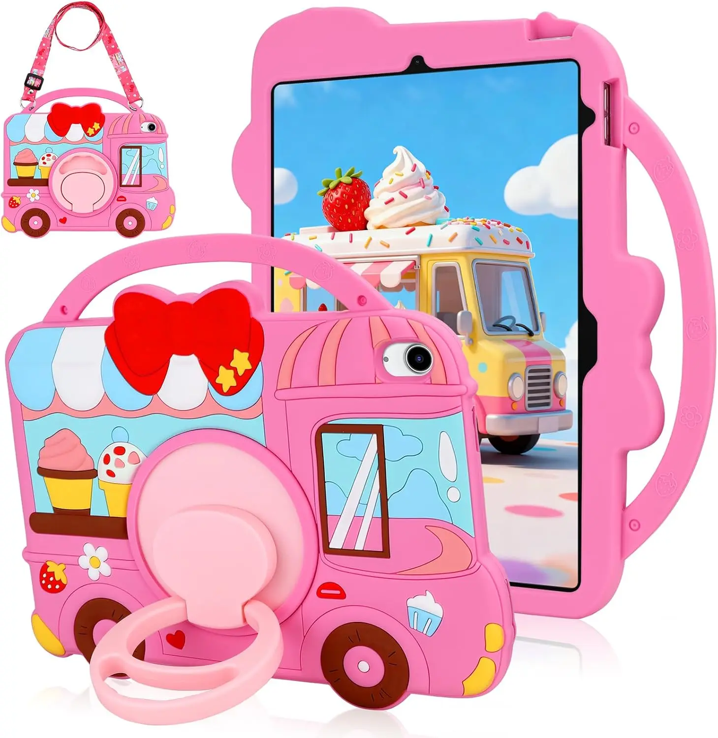 iPad A16 Case/10th Generation Case Pink Cute Dessert House iPad 11th Generation Case for Kids Girls Teens with Strap & Rotating Stand & Handle Soft Silicone Cover for iPad 11 Inch 2025