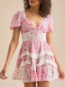 Women Floral Patchwork Mini Dress V Neck Tie Back Tiered Ruffle Dress Bohemia Layered Swing Dress