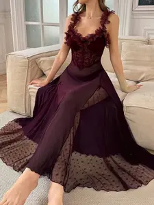 Women Floral Lace Mesh Long Nightgown with Appliques Corset Style for Sleep