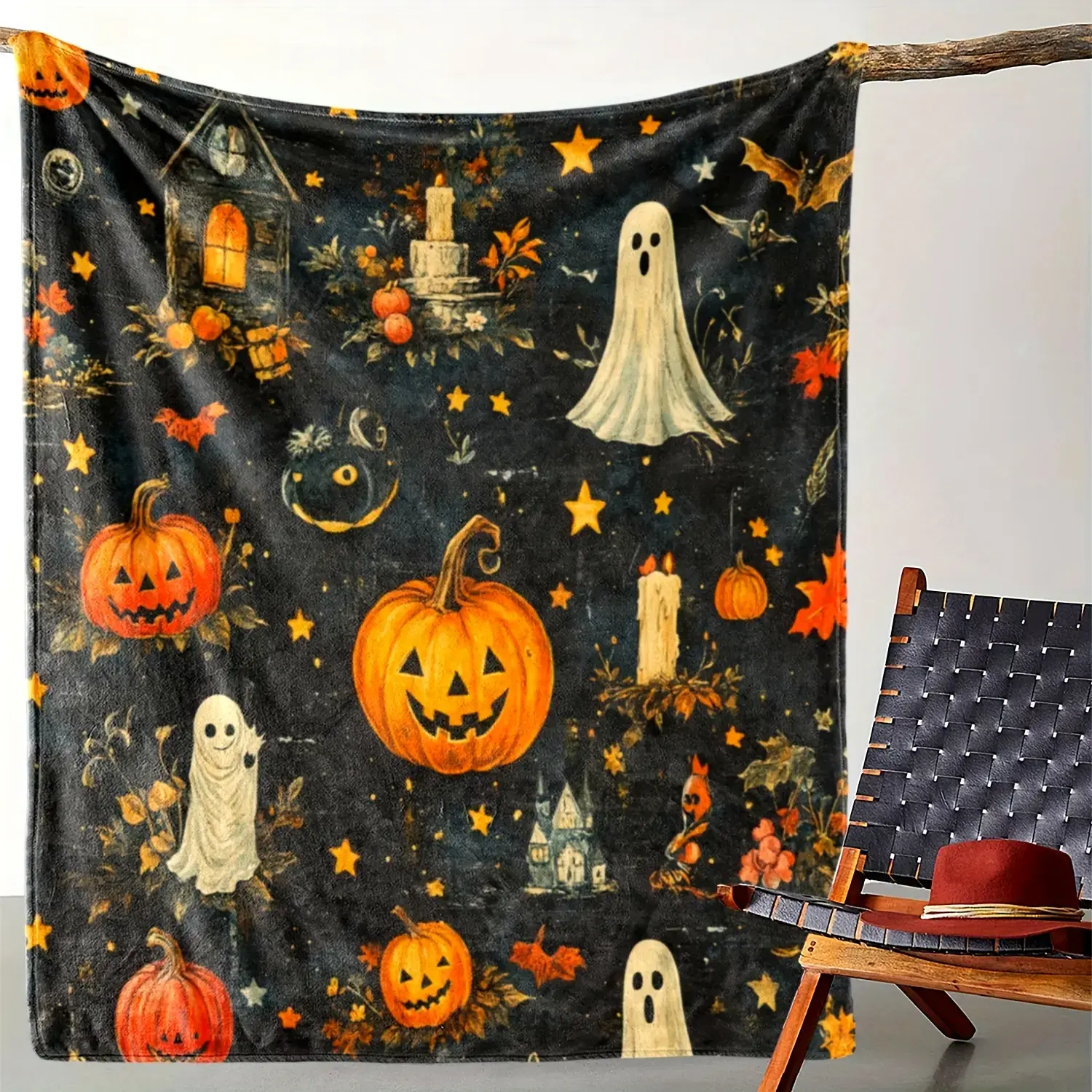 Retro  Flannel  - Soft and comfortable, featuring ghost and pumpkin patterns. Suitable for sofas, beds, offices, travel and seasonal . Suitable for all seasons. Digital printing, lightweight and warm .