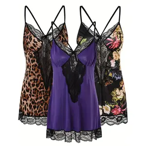 AVTKV Plus Size Backless Lace Nightgown & Cami Dress 3-Piece Lingerie Set, Soft Skin-Friendly Sleepwear Loungewear Womenswear Homewear Nightie Floral Sleeveless Floral